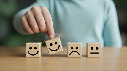 Shifting Emotions: A person's hand places a wooden cube with a smiling face on a table, next to a variety of other wooden blocks with a different expression.