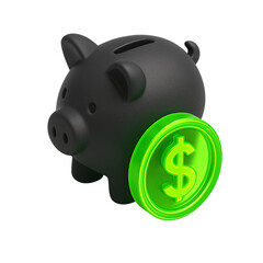 Black Piggy Bank with Glowing Green Dollar Coin for Savings and Finance Concept. piggy bank, dollar coin, savings, finance, investment