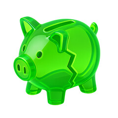 Cracked Green Transparent Piggy Bank on Black Background for Financial Concepts. piggy bank, broken, finance, saving, green