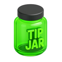 Green glossy 3D render of a tip jar with black lid, isolated on a dark background. tip jar, 3d render, green, donation, gratuity