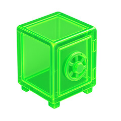 Modern translucent neon green safe with combination lock, symbolizing digital security and data protection. digital security, data protection, safe, neon green, 3d render