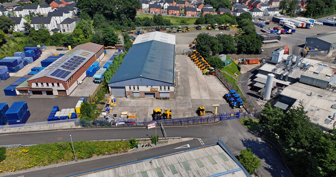Aerial shots of R Kennedy Agriculture Machinery Equipment, JCB Ballymena and CP Hire Ballymena Antrim Northern Ireland 12-09-2025