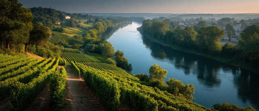 Loire Valley vineyard with neat rows leading to winding river at golden hour