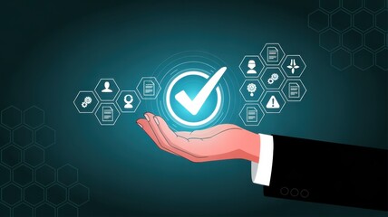 Digital Assurance: A stylized image captures a hand holding a glowing checkmark, surrounded by interconnected icons, symbolizing digital assurance and validation within the digital realm.