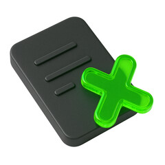 3D render of a dark file document with a vibrant green 'X' mark, symbolizing removal or error. file, delete, icon, document, cross