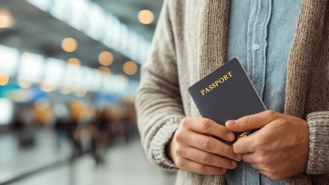 Close up of hands holding a passport, symbolizing travel, identification, and adventure. The airport setting highlights the anticipation and excitement of a journey abroad