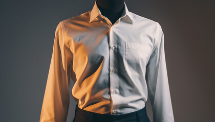 Close-up of a white dress shirt on a mannequin with contrasting warm and cool lighting on a dark background.