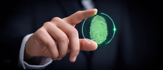 Secure data fingerprint authentication glowing scanner on business hand touching sensor