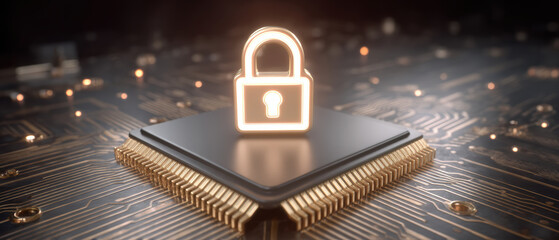 Secure data protection padlock glowing microchip circuit board symbolizing cybersecurity