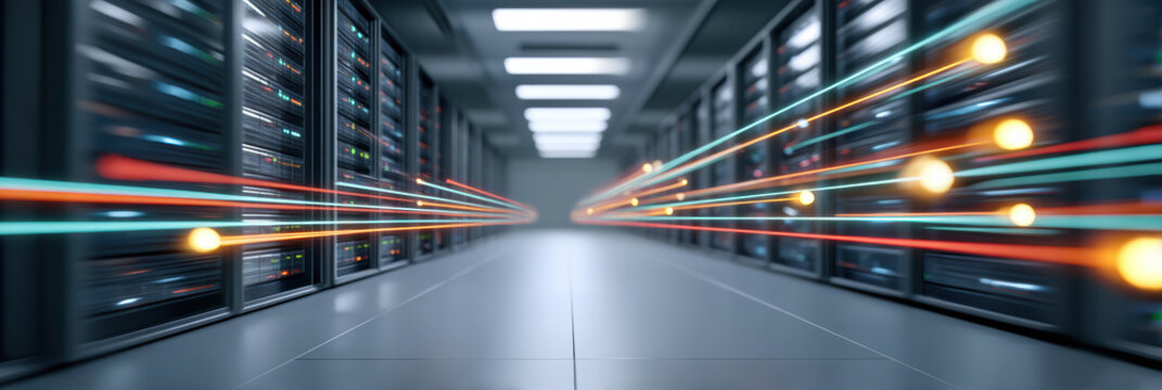 Secure data center corridor with glowing network light trails conveying speed and protection - Powered by Adobe