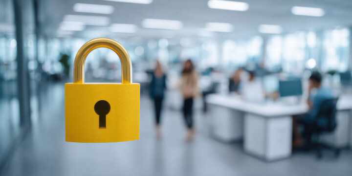 Secure data concept padlock floating in modern office environment with blurred staff