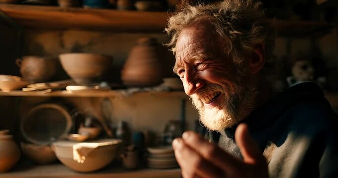 An elderly craftsman's genuine bad teeth smile illuminates his rustic pottery workshop, reflecting a lifetime of dedication, wisdom, and artisanal joy