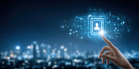 Secure digital profile data protection interface glowing over blurred city skyline at night