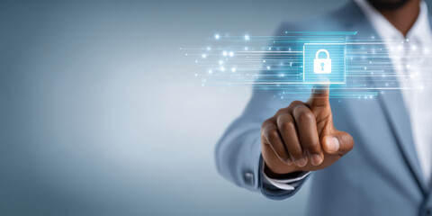 Data secure digital lock concept with businessman touching virtual padlock conveying protection