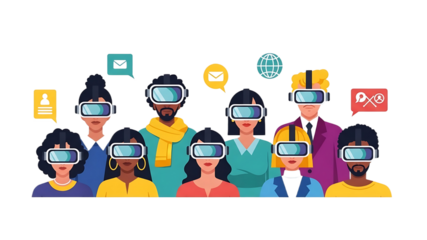 Diverse Group Wearing VR Headsets with Communication Icons.png

