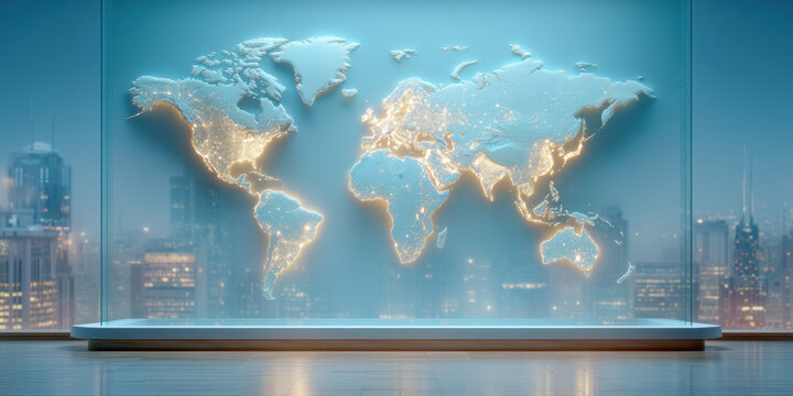 Global data network map glowing on modern glass wall with secure connection and warm light - Powered by Adobe