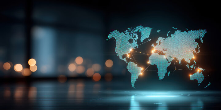 Secure global data network visualization connecting continents with glowing nodes and modern - Powered by Adobe
