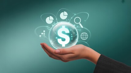 Financial Vision: An outstretched hand delicately cradles a luminous sphere displaying a dollar sign, surrounded by icons of financial insight and strategic thinking.