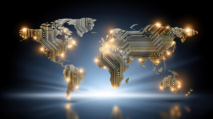 Golden circuit world map glowing data secure global network view