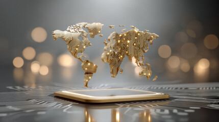 Golden circuit world map floating above secure data chip with soft bokeh light