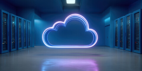 Neon cloud data secure concept in server room glowing sign evokes futuristic security