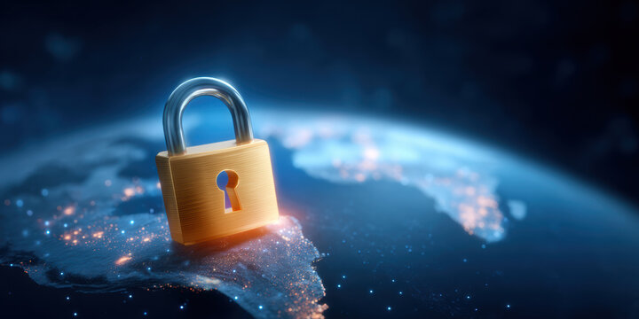 Secure data protection lock on global network glowing city lights and digital security - Powered by Adobe
