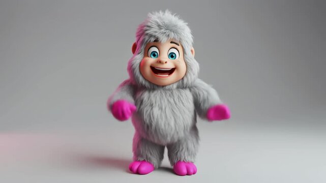 A cute, fluffy, grey and pink cartoon yeti-like creature with big blue eyes and a happy expression.
