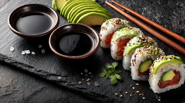 Overhead view of sushi rolls with avocado slices and soy sauce on dark slate
