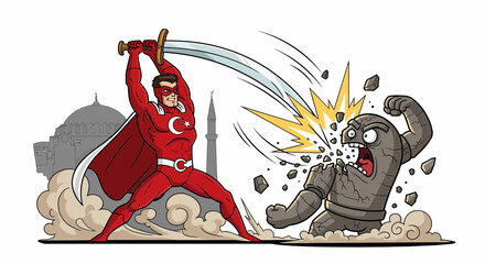 Fototapeta premium Turkish superhero strikes a stone monster with a sword in action.