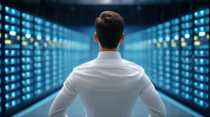 IT professional watches secure data center racks glowing with blue lights in focused atmosphere