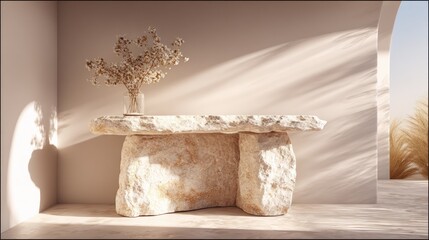 Natural stone console table with dried flowers creates a tranquil scene.