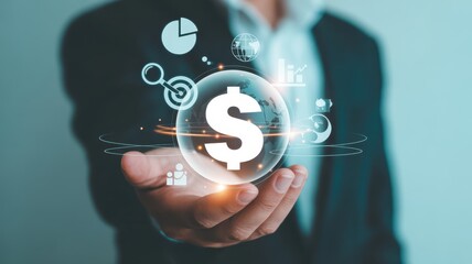 Financial Vision: A businessman extends his hand, showcasing a luminous dollar sign encapsulated within a sphere of interconnected financial symbols, embodying the concept of financial opportunity.