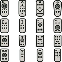 Diverse Remote Control Icons: A collection of various remote control icons, each with distinct designs and buttons, perfect for illustrating the evolution of technology and user interfaces. 