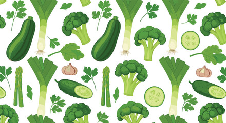 A fresh and healthy seamless pattern of various green vegetables like broccoli, zucchini, leeks, and cucumbers on white.