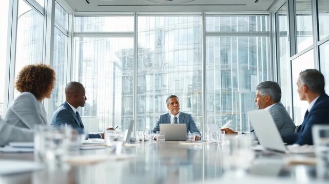 A group of business professionals collaborates around a conference table in a bright, contemporary office. The team focuses on leadership, teamwork, and future business growth opportunities - Powered by Adobe