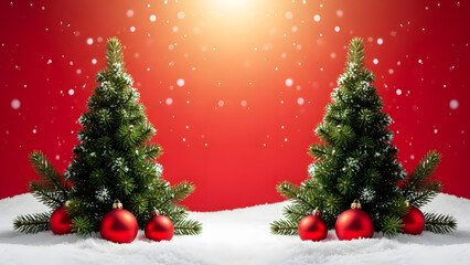 Festive christmas trees standing in snow against a vibrant red background
