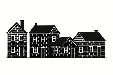Black and White Brick Houses Vector &ndash; Traditional Residential Building Silhouette