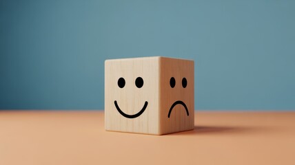 Wooden Cube Representing Emotion: A single wooden cube is displayed, its faces adorned with contrasting expressions of joy and sadness, sitting atop a muted surface.