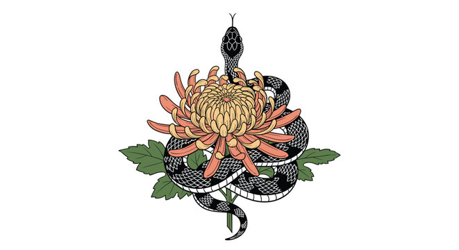 A traditional Japanese-style tattoo illustration of a black snake coiled around a beautiful orange and yellow chrysanthemum flower.