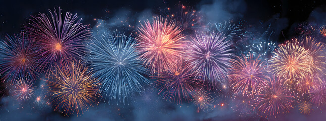 Naklejka premium Fireworks, colorful sylvester-fireworks on dark blue background with sparks