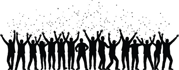 Celebrating crowd silhouette with raised hands, joyful people group cheering together, party festival concept isolated on white background, vector illustration