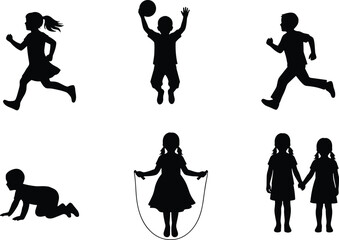 Children silhouettes playing activities illustration, kids running jumping crawling holding hands, childhood play concept, black vector isolated set
