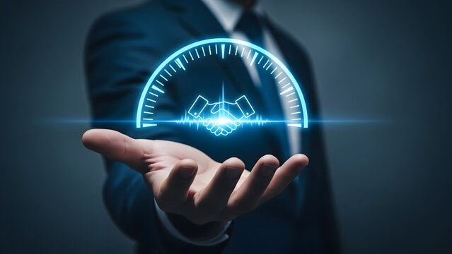 Professional presenting a glowing digital performance gauge icon in hand - Powered by Adobe