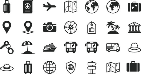 Travel tourism icons set, transportation navigation vacation symbols, suitcase map airplane globe hotel camera vector illustration minimalist black white design