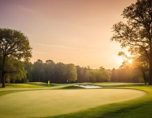 Beautiful golf course with a green fairway and a flag on the side, golden-hour lighting, a beautiful sky, trees in the background, and a wide shot. A golf course in the evening.