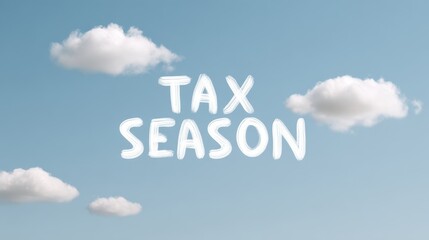 Bright blue sky with fluffy clouds and playful text reading Tax Season, creating a cheerful atmosphere for financial themes and seasonal reminders