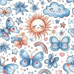 Fototapeta premium Whimsical Cloud and Sun Illustration with Butterflies and Stars