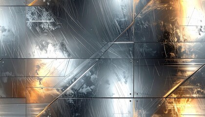 Abstract metallic grid with dynamic light effects and geometric patterns.