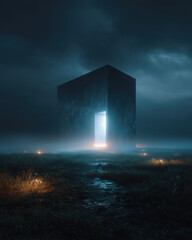 Floating chrome monolith with etched grid lines in foggy atmospheric scene