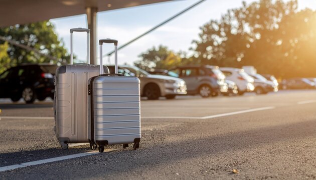 Two silver suitcases placed on pavement with cars in blurred background